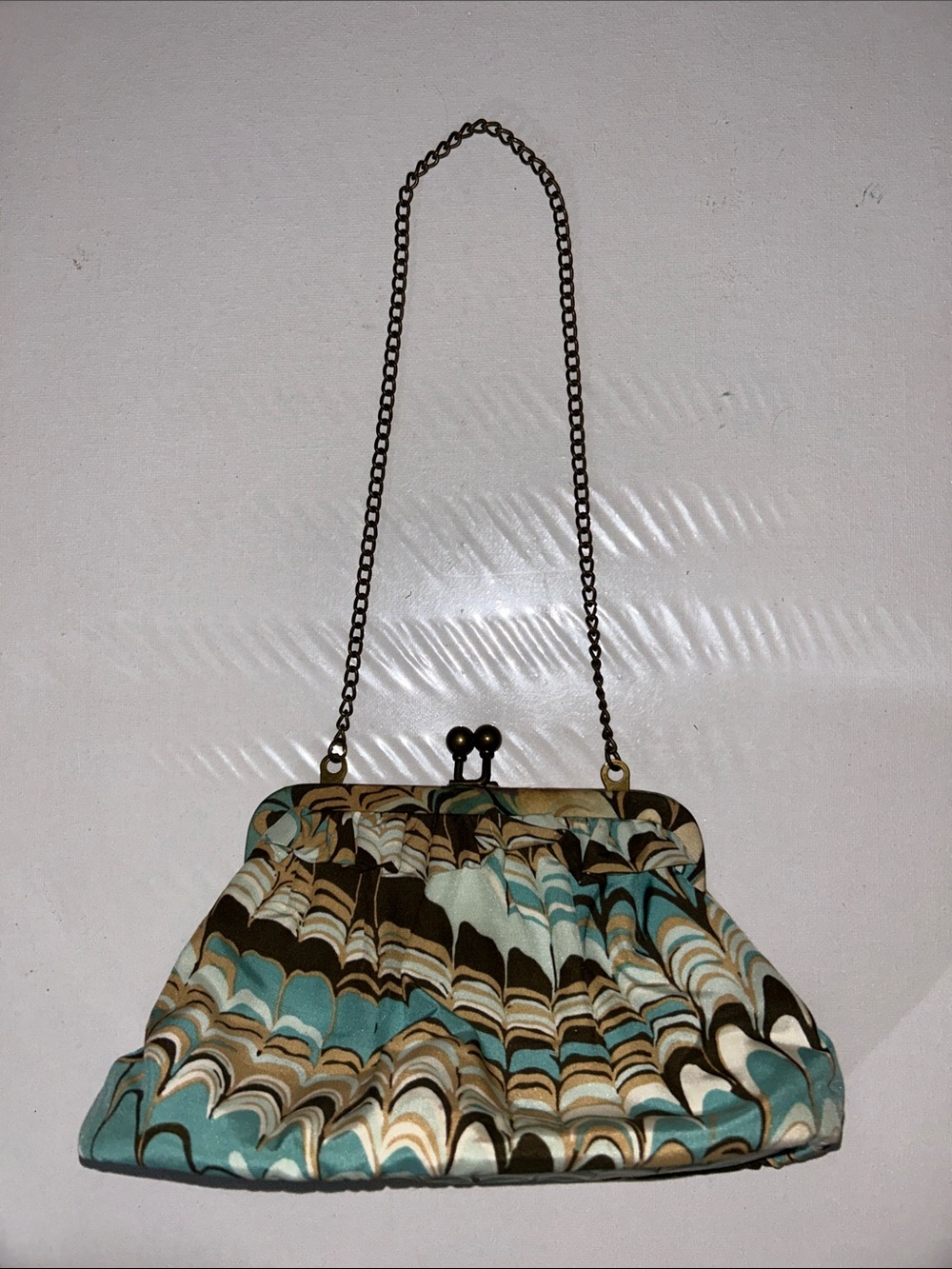 Vintage Gap Marbled Teal & Brown Print Kiss-Lock Bronze Chain Clutch Purse